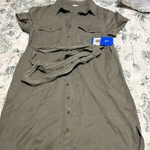 Casual Olive Button-Down Shirt Dress with Waist Tie